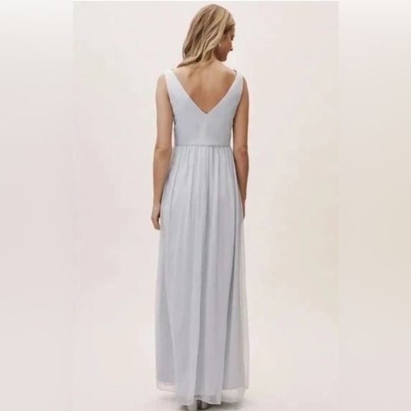 NWT BHLDN Anthro S Kia Sleeveless Maxi Bridesmaid Dress Fog Chiffon V Neck Ruche - Picture 3 of 15